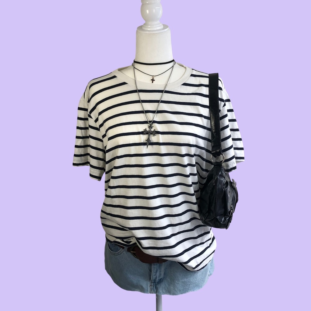 MUJI Striped Short Sleeve T Shirt Navy Blue White Breton Knit Crewneck Womens XL